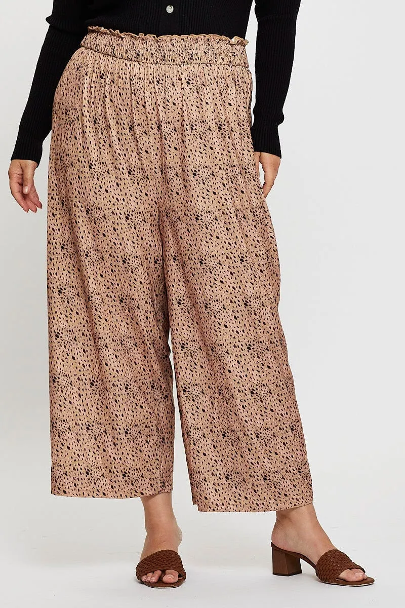 Animal Print Wide Leg Pants High Rise Shirred Waist