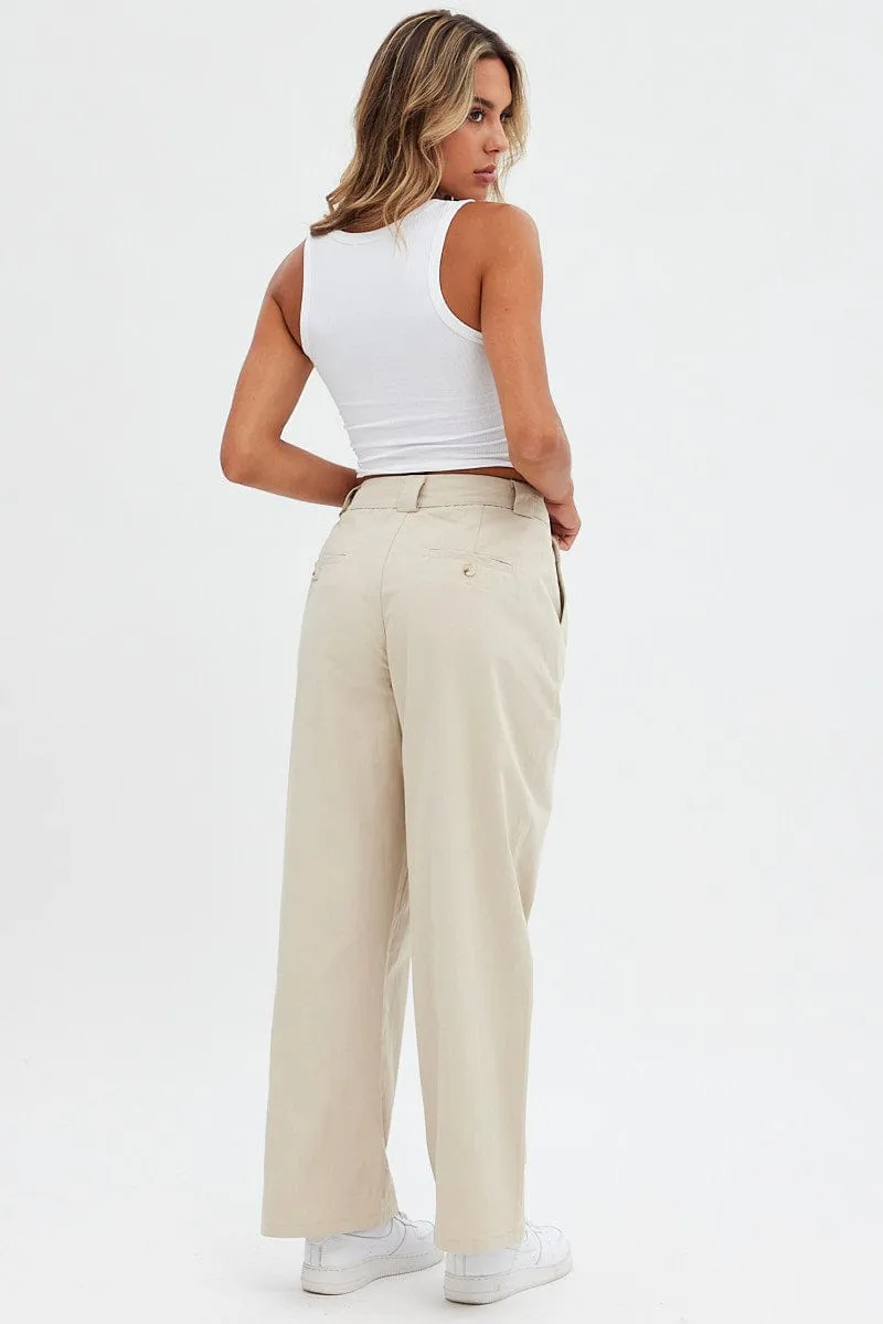 Beige Pant Straight Leg Turned Down Waist