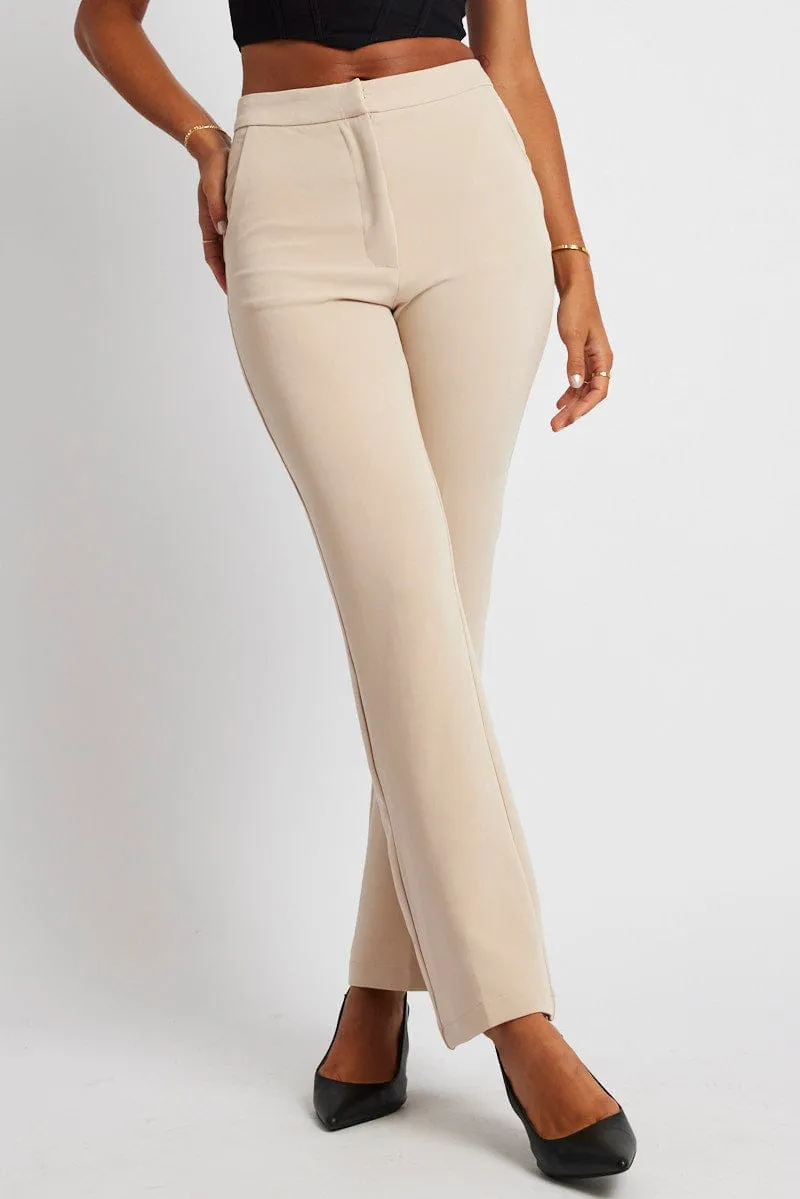 Beige Slim Pants High Rise