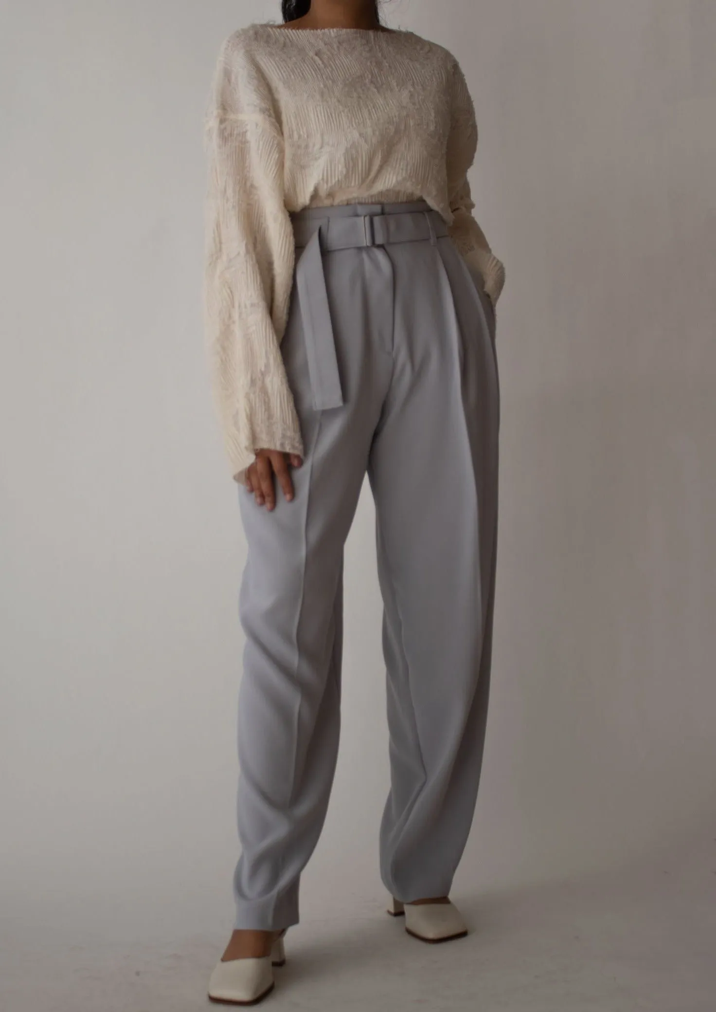 Belted Wide High Waisted Pants in Blue Grey