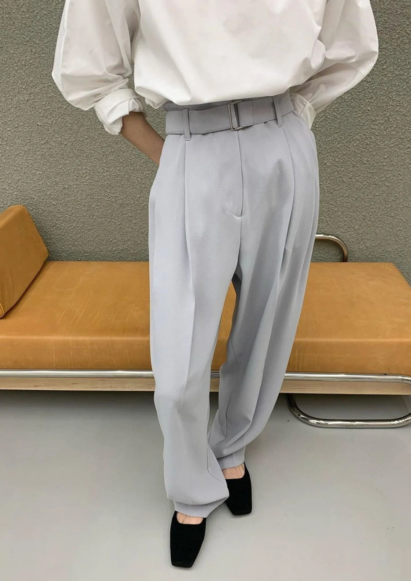 Belted Wide High Waisted Pants in Blue Grey