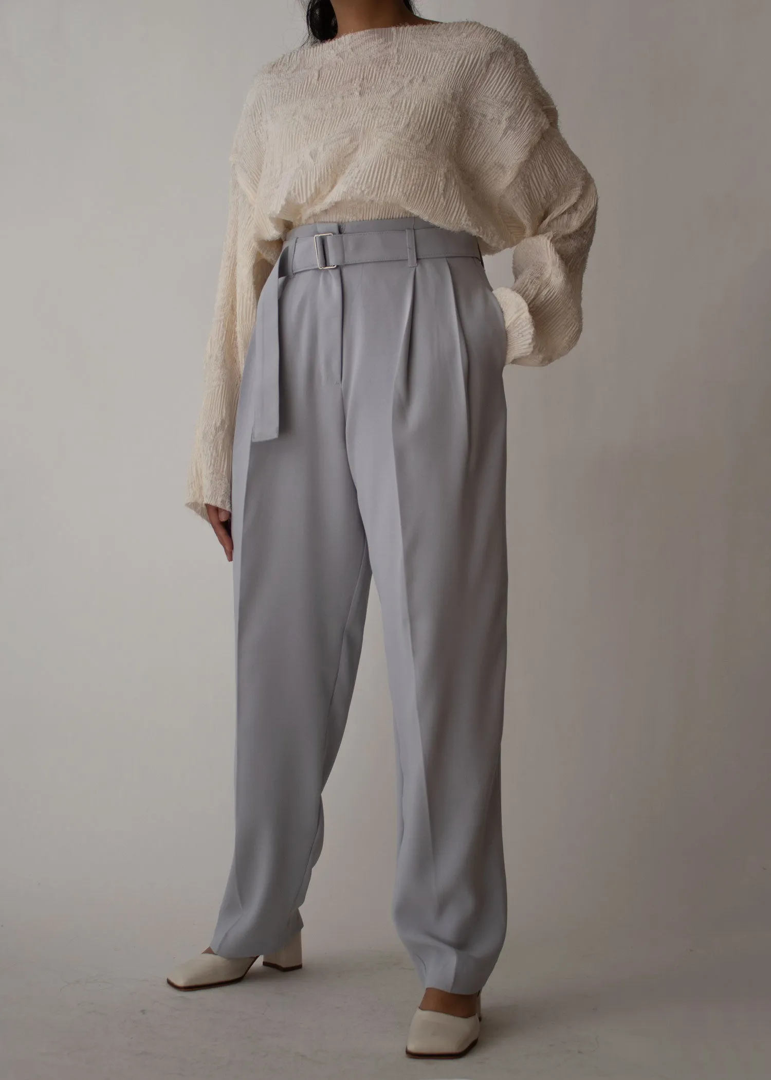 Belted Wide High Waisted Pants in Blue Grey