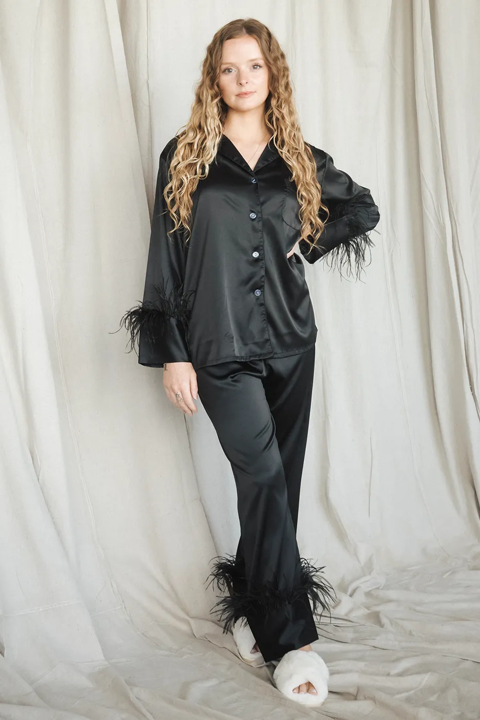 Black Feathers Satin Pants Set