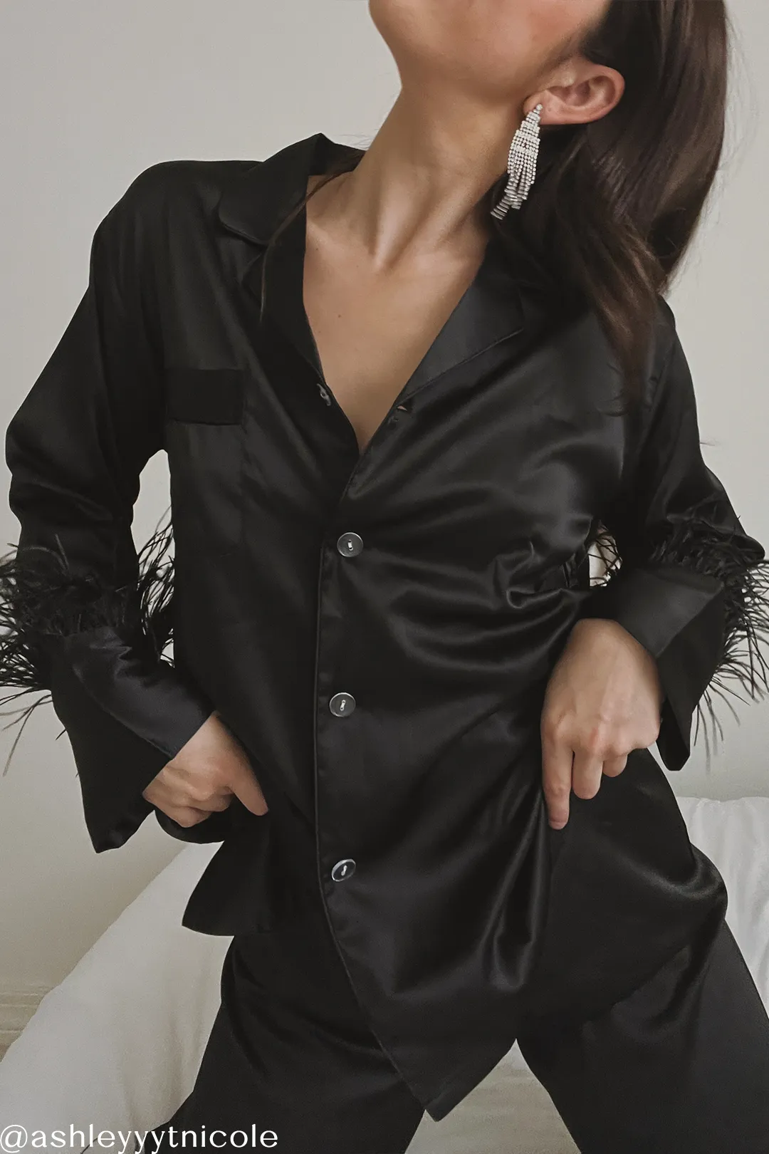 Black Feathers Satin Pants Set