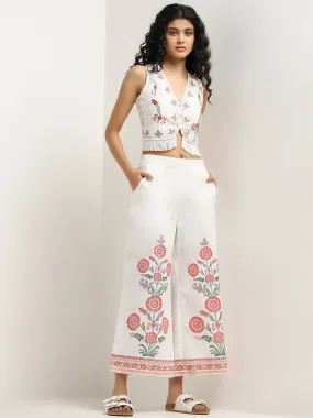 Bombay Paisley White Floral Printed High-Rise Cotton Pants