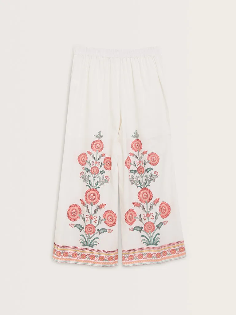 Bombay Paisley White Floral Printed High-Rise Cotton Pants