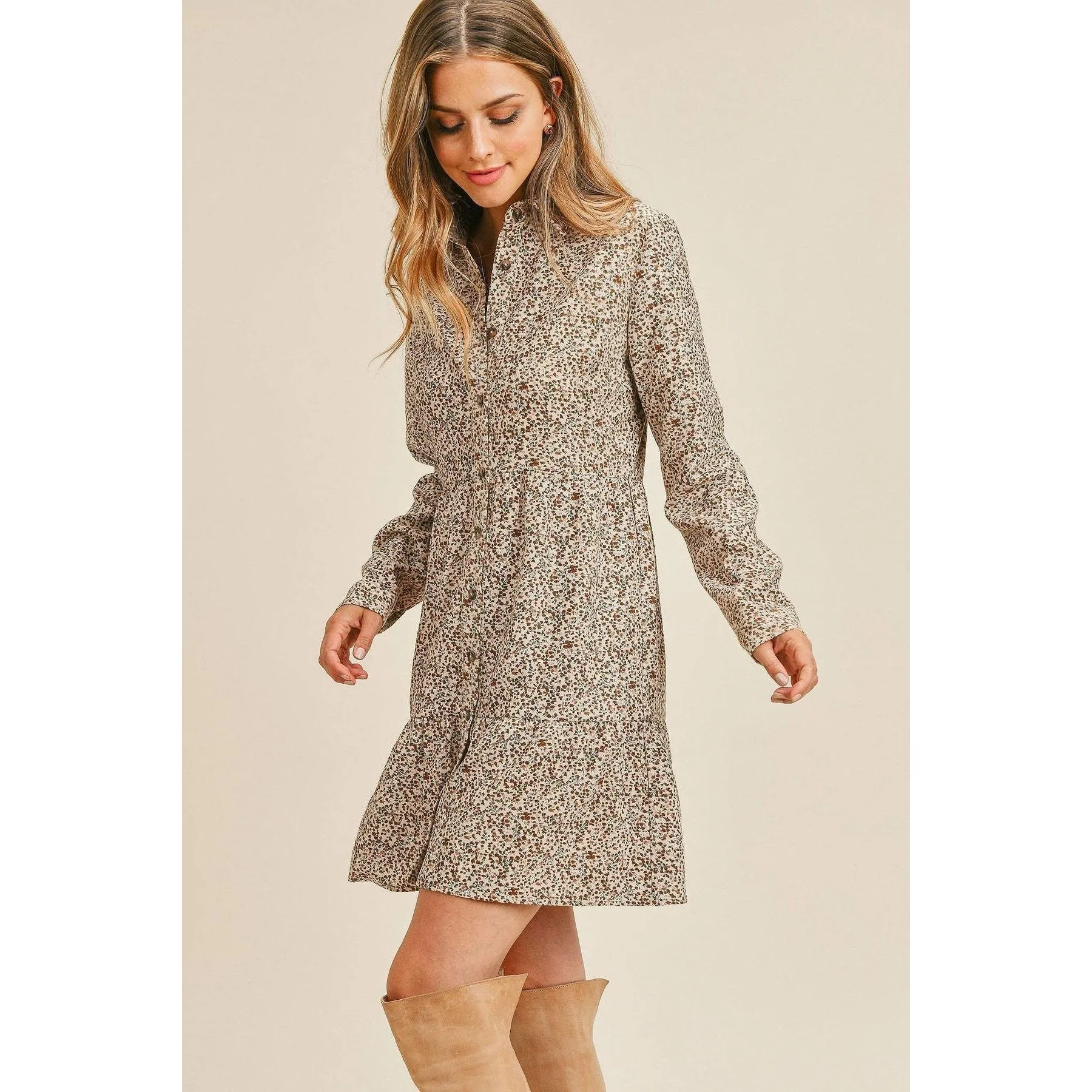 Corduroy Printed Button Down Front Collar Long Sleeve Dress