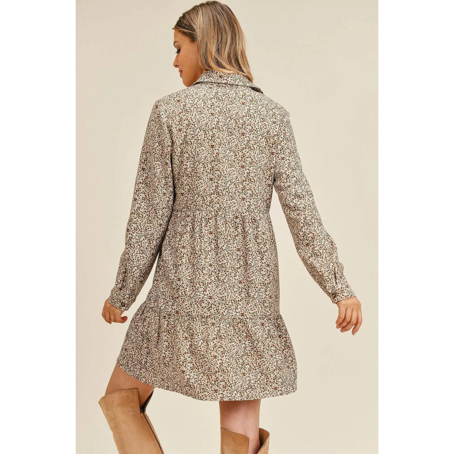 Corduroy Printed Button Down Front Collar Long Sleeve Dress