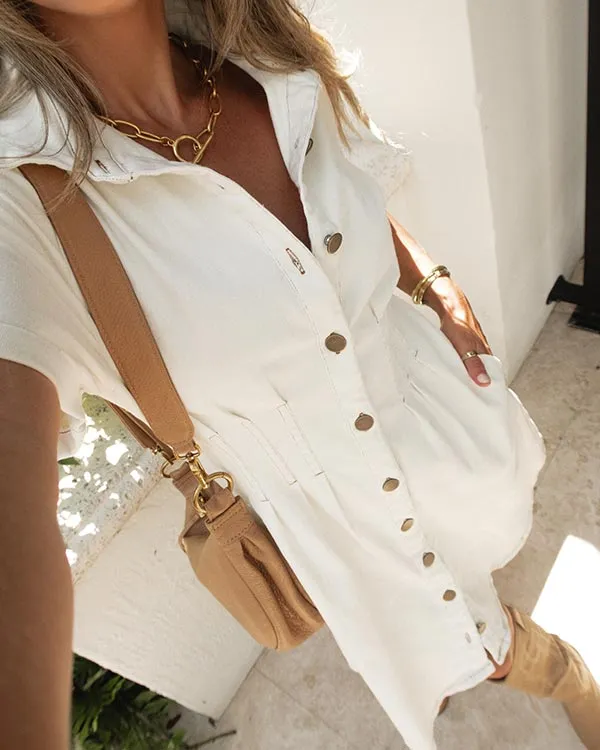 Cream Pleated Button Down Dress