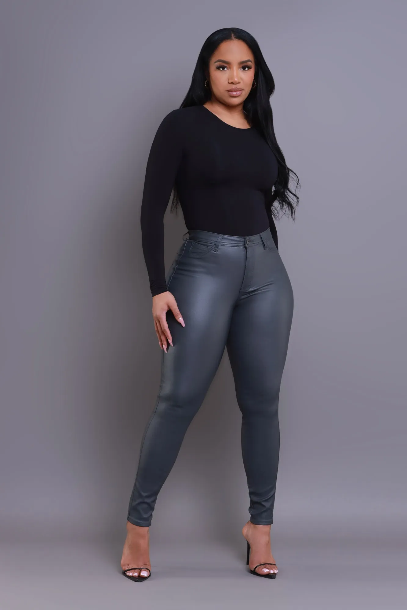 Curve You Faux Leather High Rise Pants - Charcoal Grey