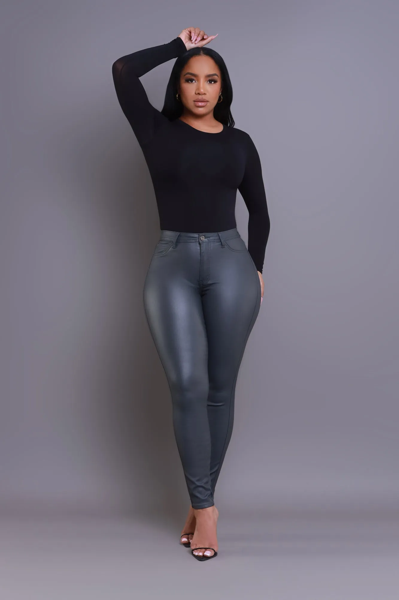 Curve You Faux Leather High Rise Pants - Charcoal Grey