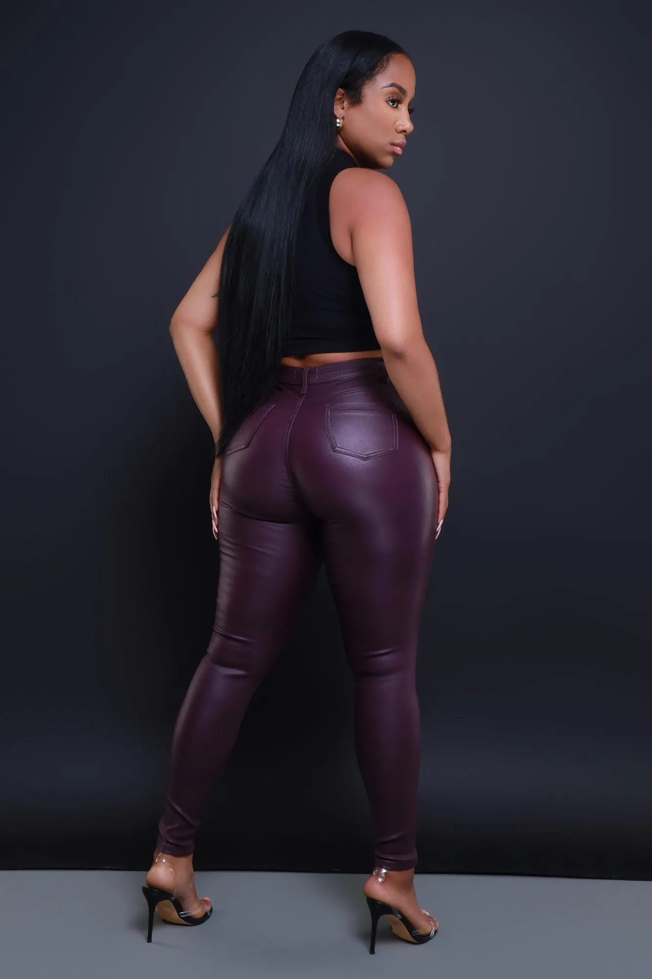 Curve You Faux Leather High Rise Pants - Wine