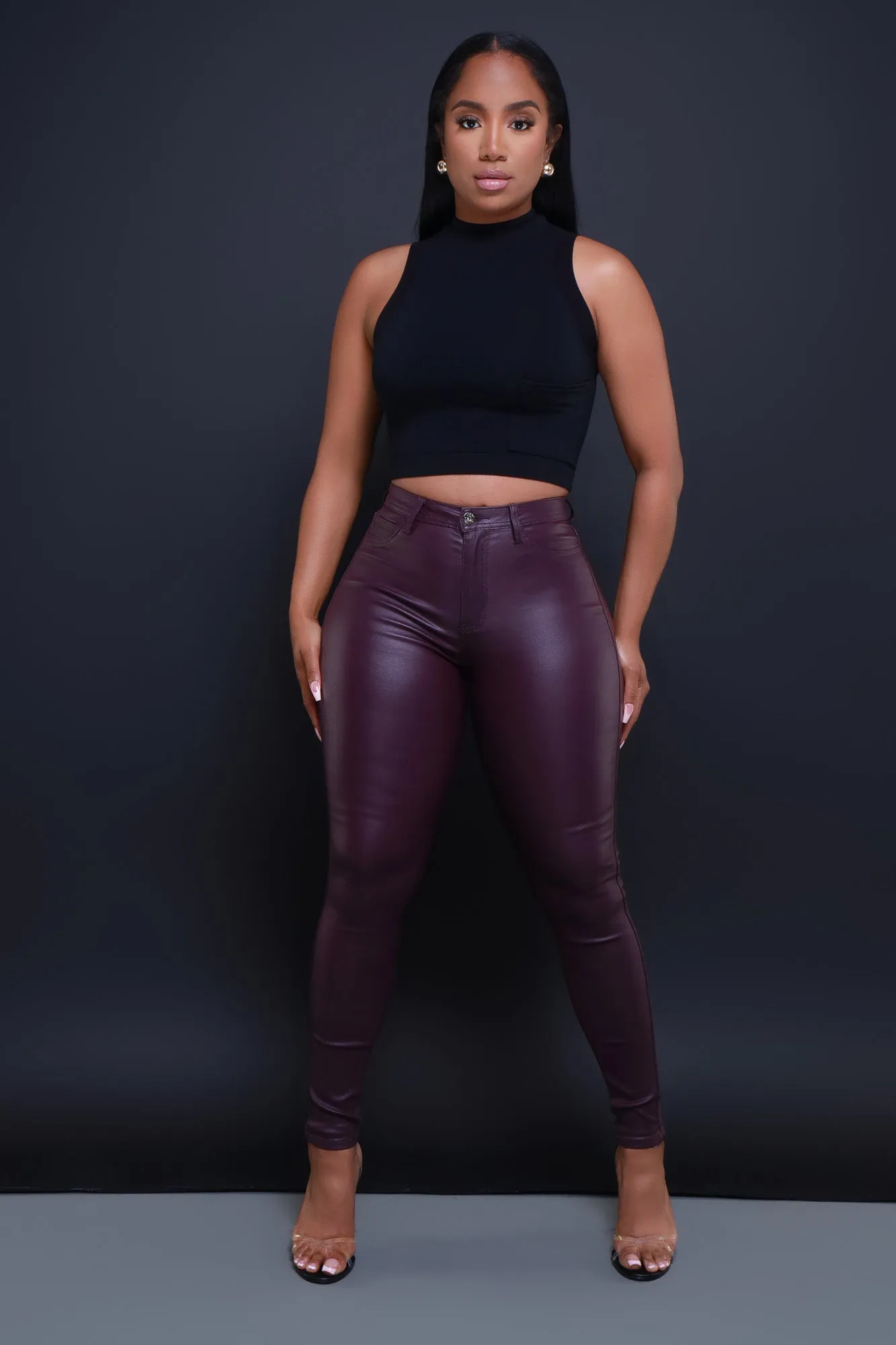 Curve You Faux Leather High Rise Pants - Wine