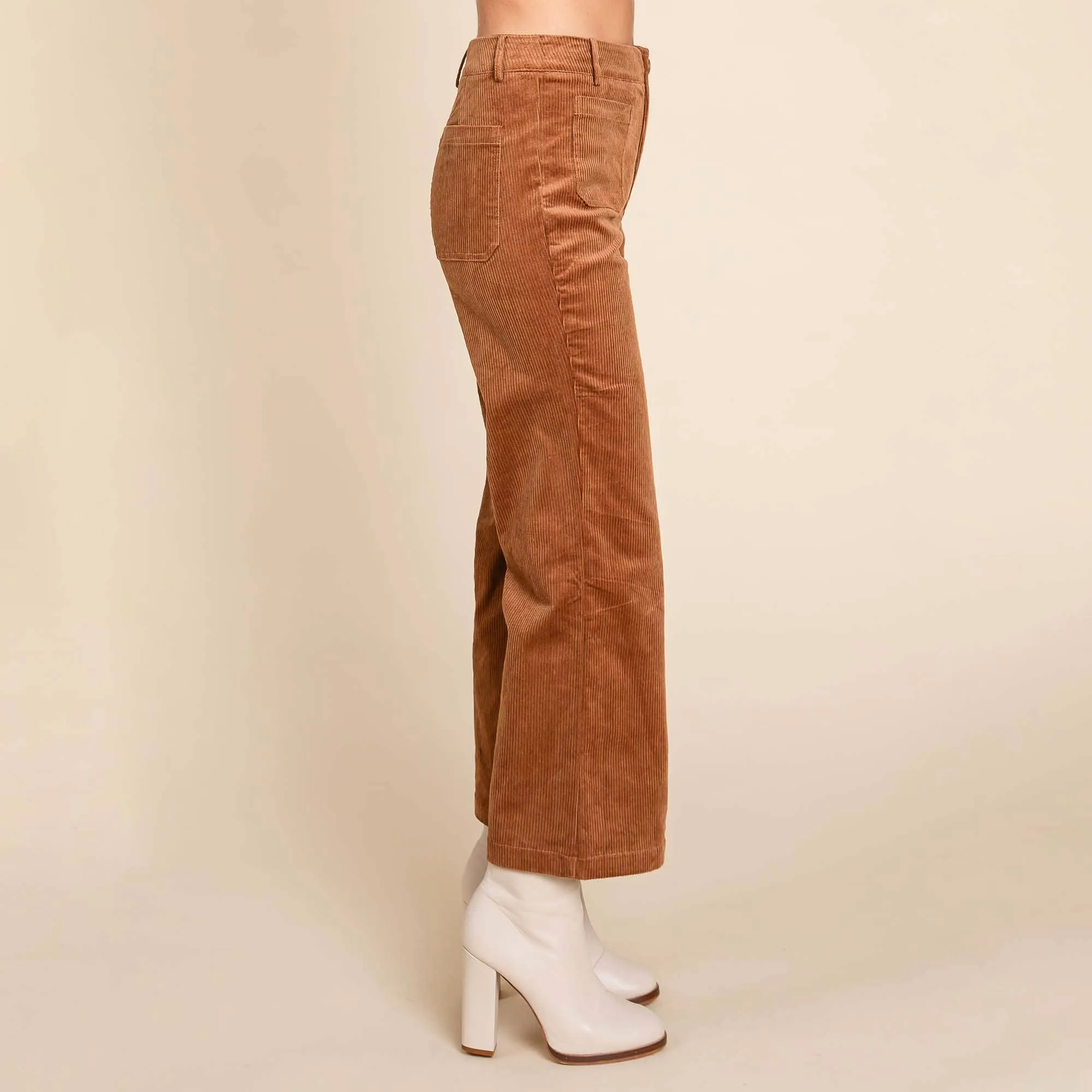 DARK BROWN CORDUROY WIDE LEG HIGH RISE PANTS