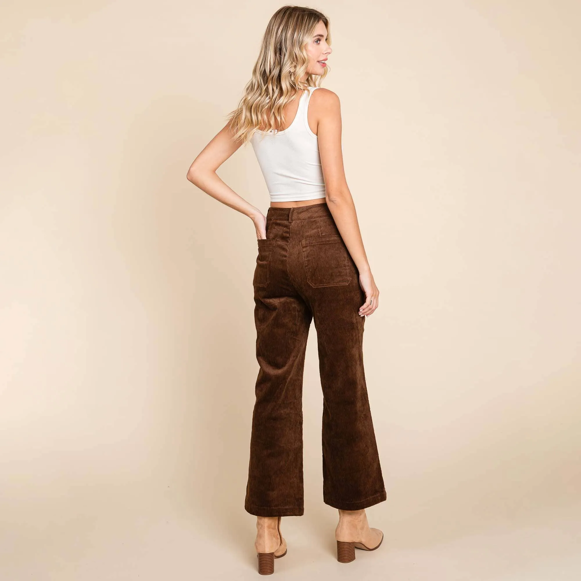 DARK BROWN CORDUROY WIDE LEG HIGH RISE PANTS