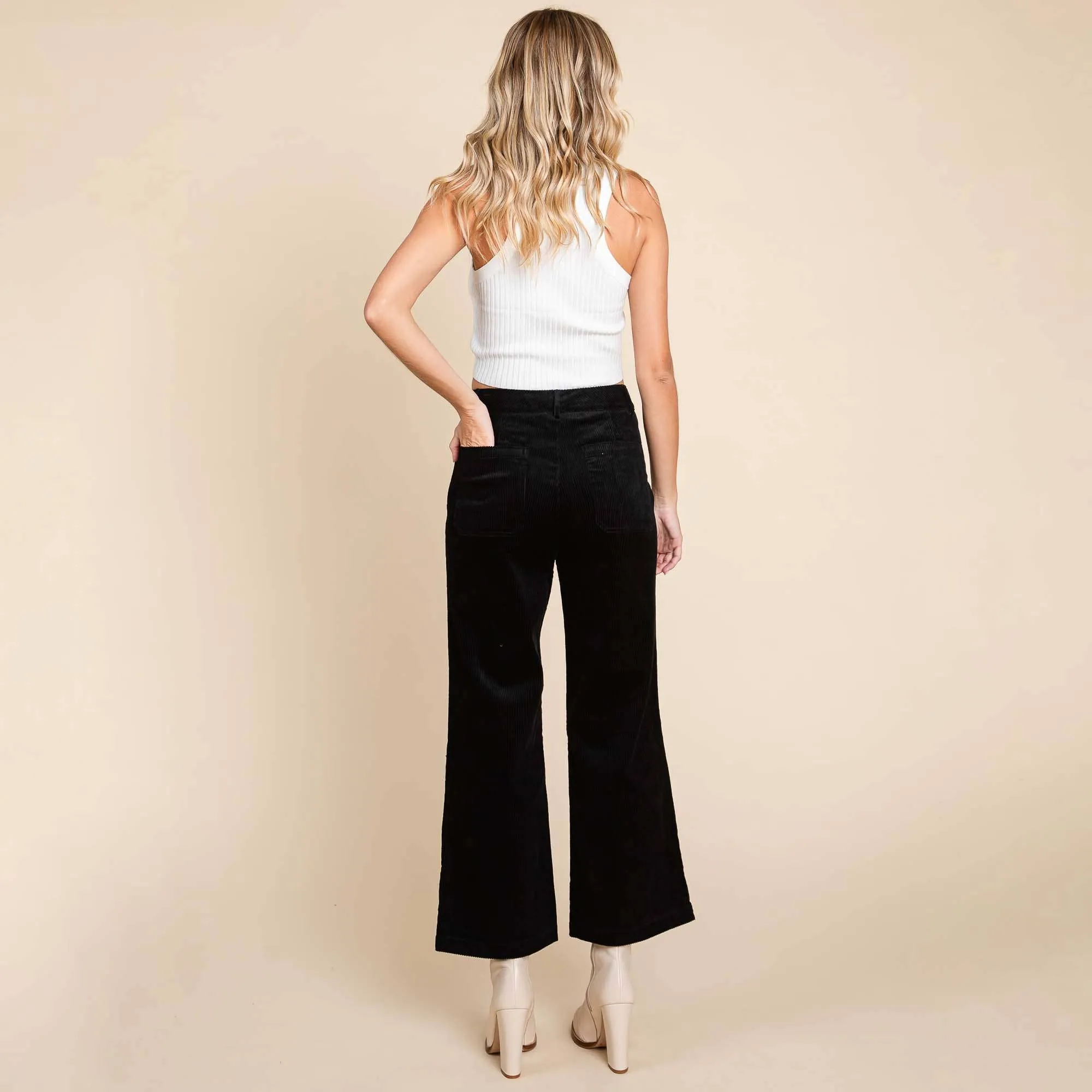 DARK BROWN CORDUROY WIDE LEG HIGH RISE PANTS