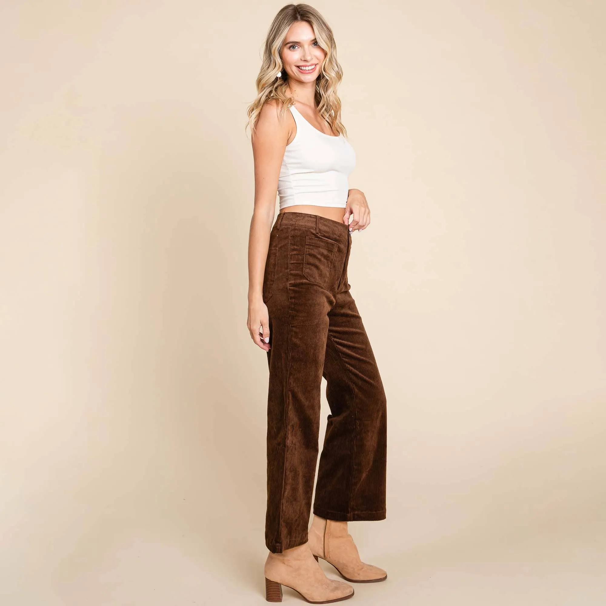 DARK BROWN CORDUROY WIDE LEG HIGH RISE PANTS