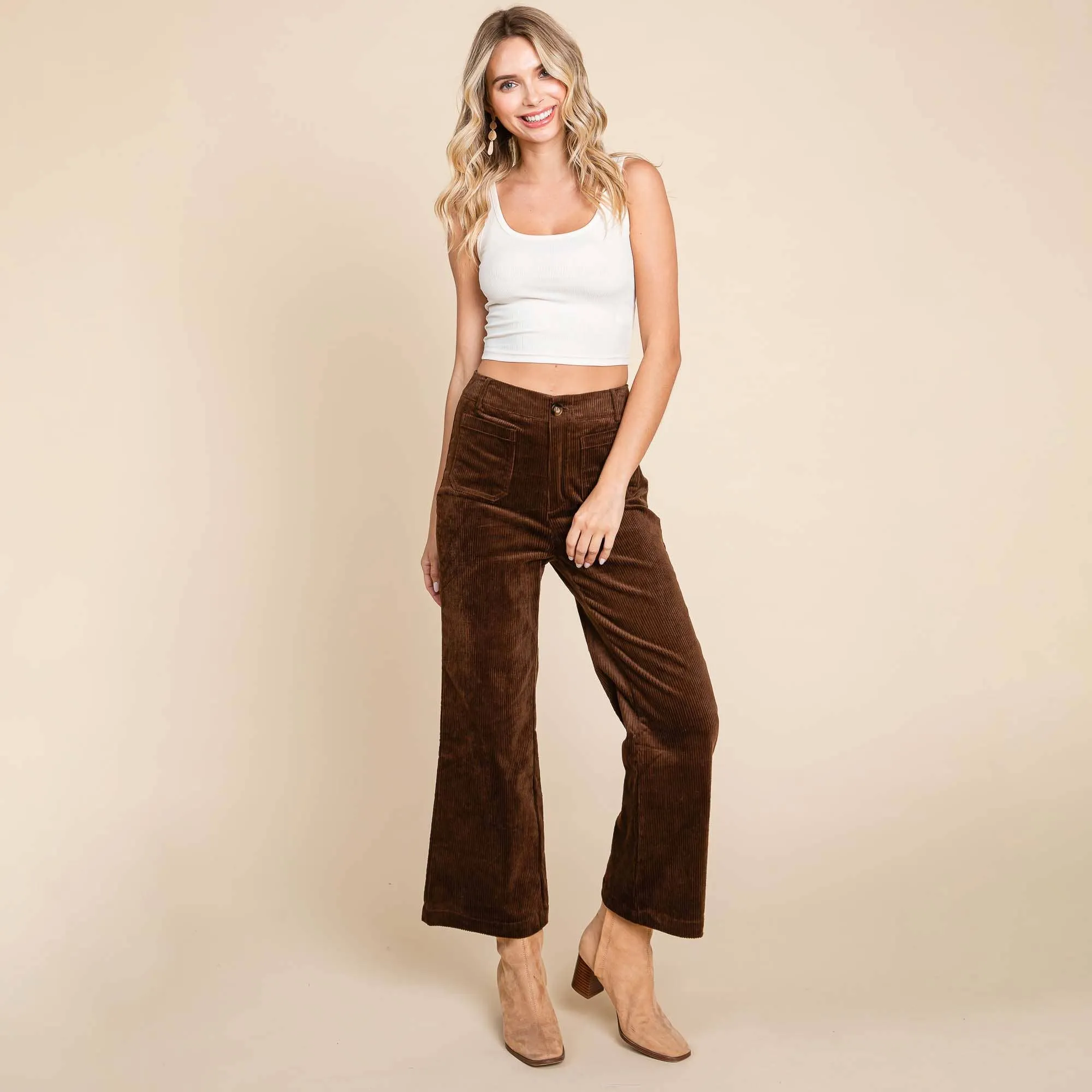 DARK BROWN CORDUROY WIDE LEG HIGH RISE PANTS