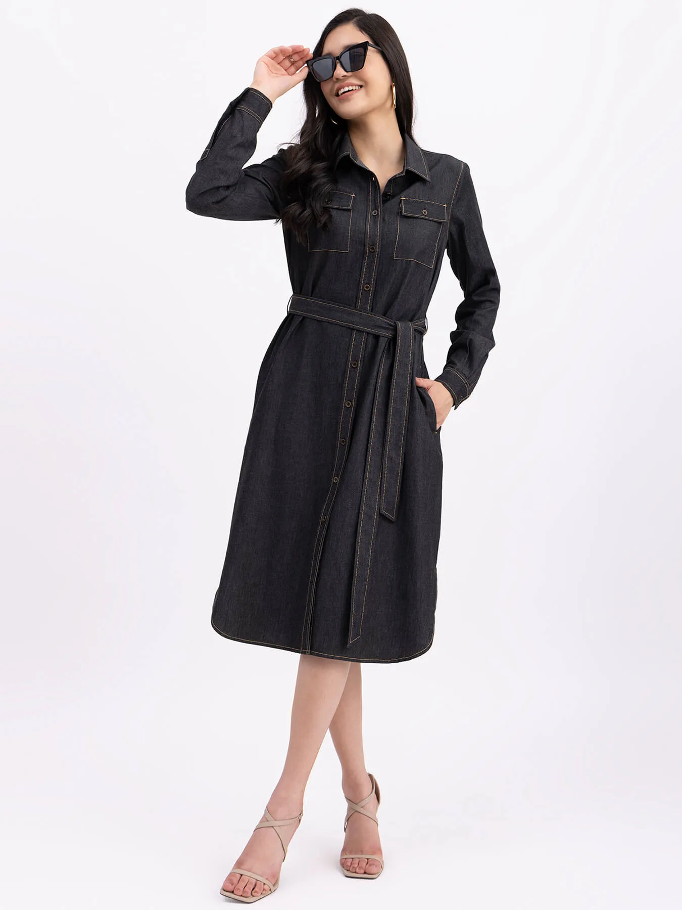 Denim Button Down Dress - Black