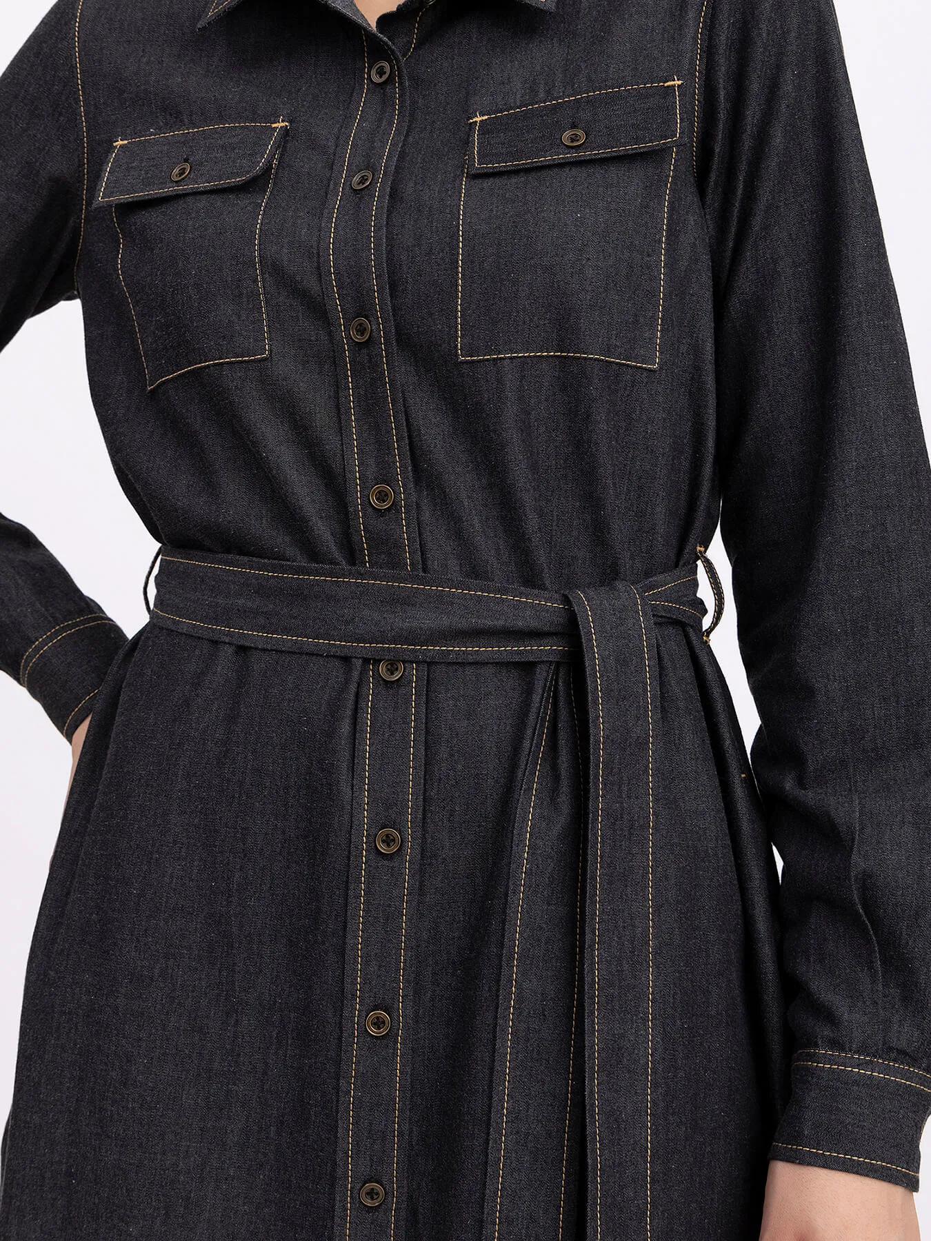 Denim Button Down Dress - Black