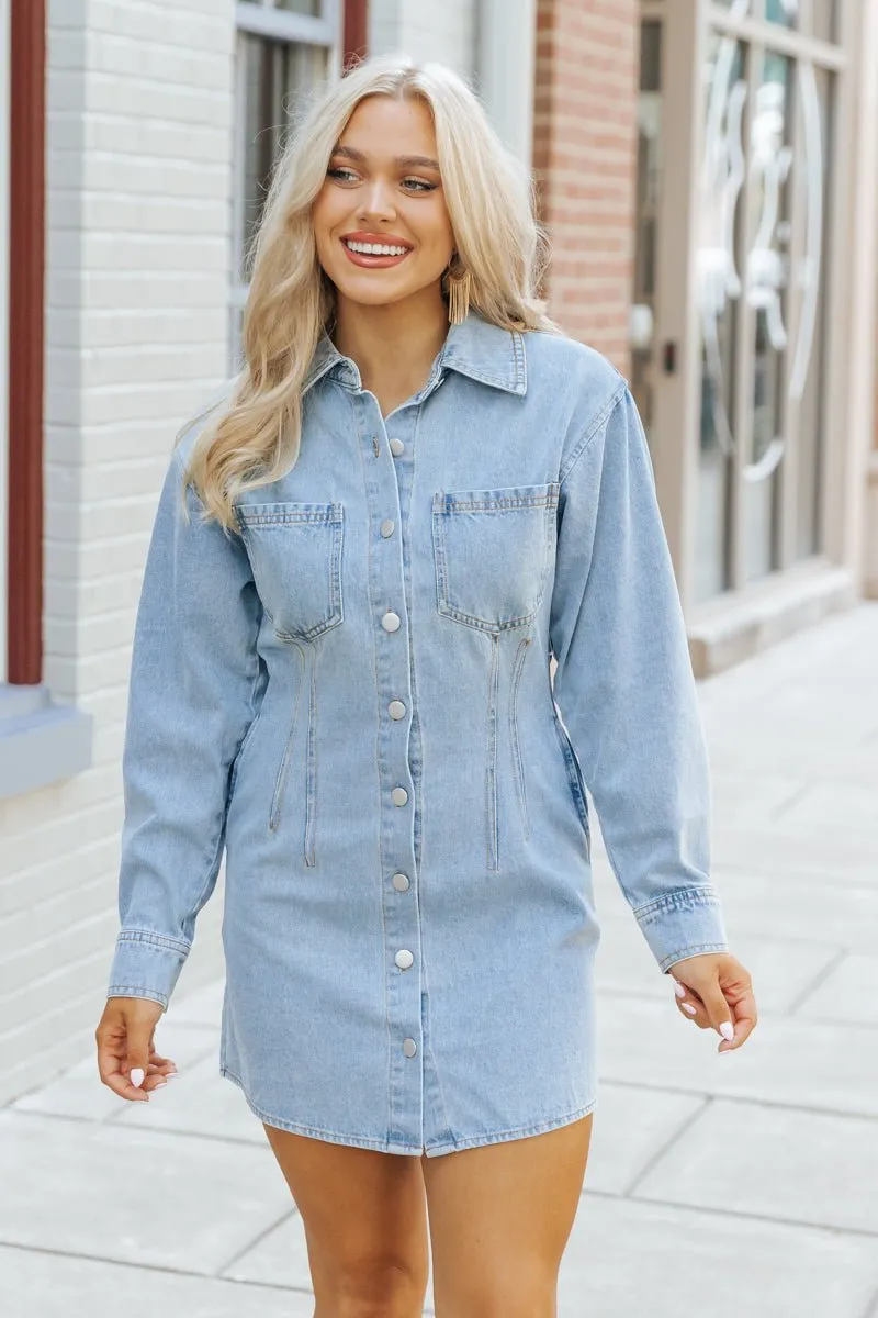 Denim Long Sleeve Button Down Mini Dress