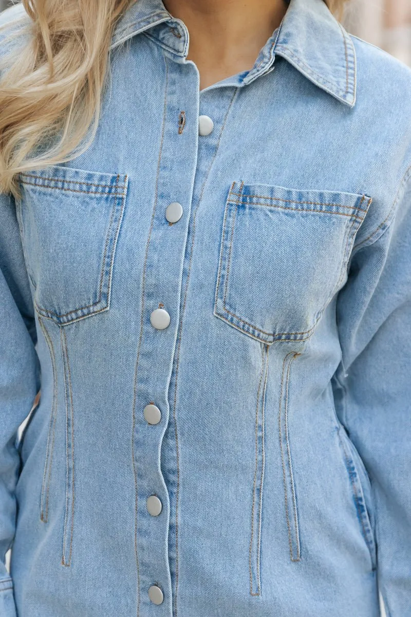 Denim Long Sleeve Button Down Mini Dress