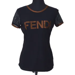 FENDI Logos Round Neck Short Sleeve Mesh Tops Sweaters Black GS02498