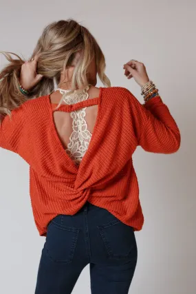 Flattering Open Back Thermal Knit Top - Rust