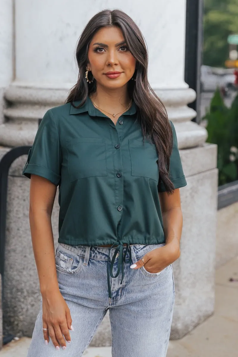 Forest Green Short Sleeve Button Down Top