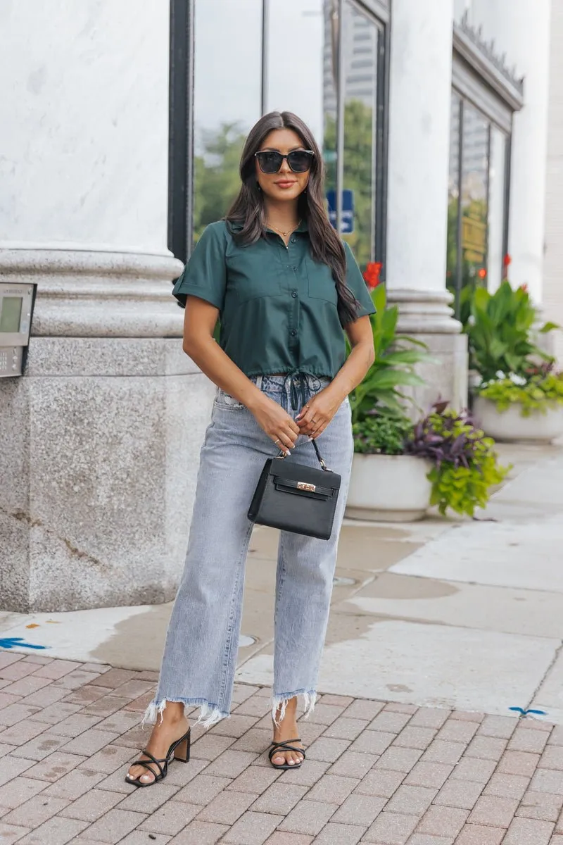 Forest Green Short Sleeve Button Down Top