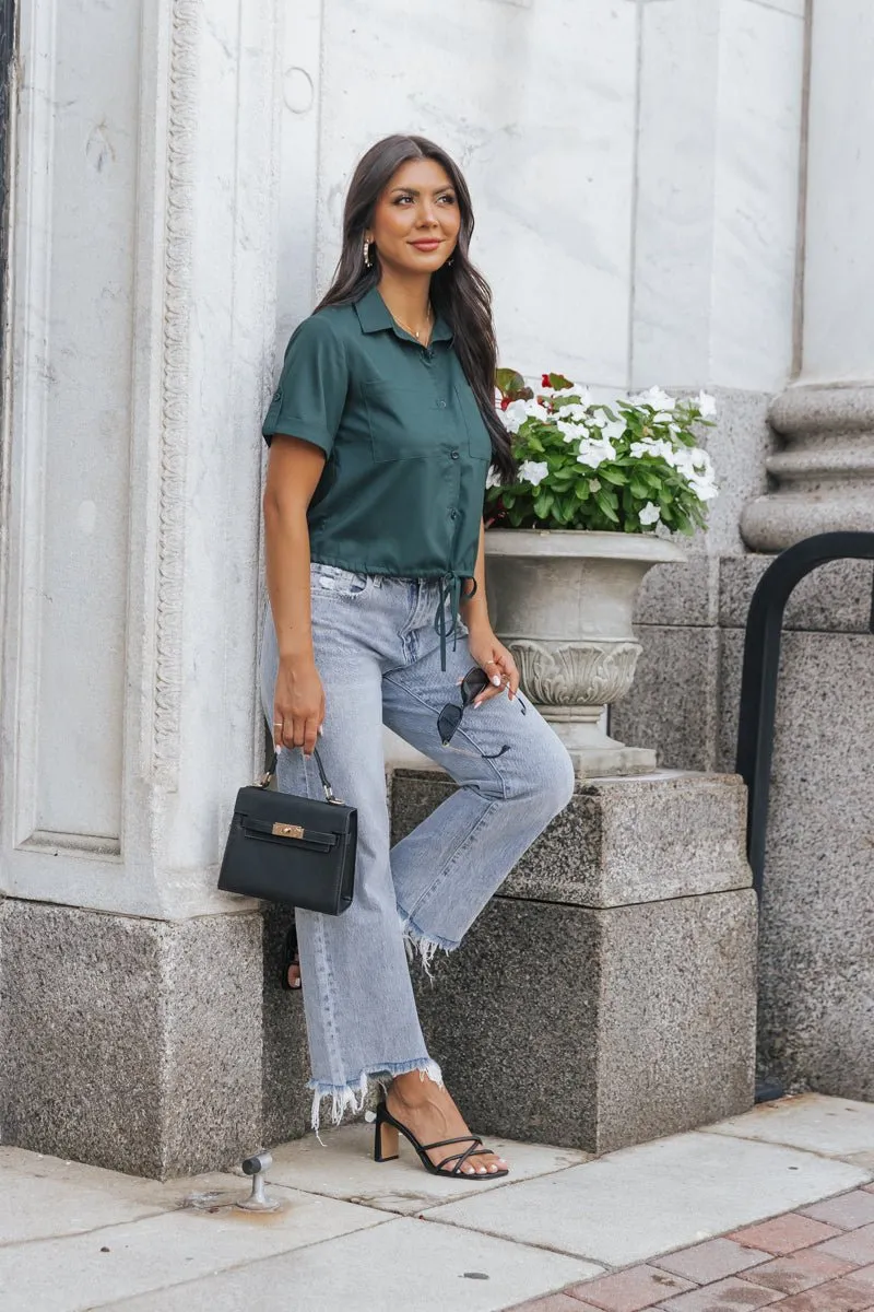 Forest Green Short Sleeve Button Down Top