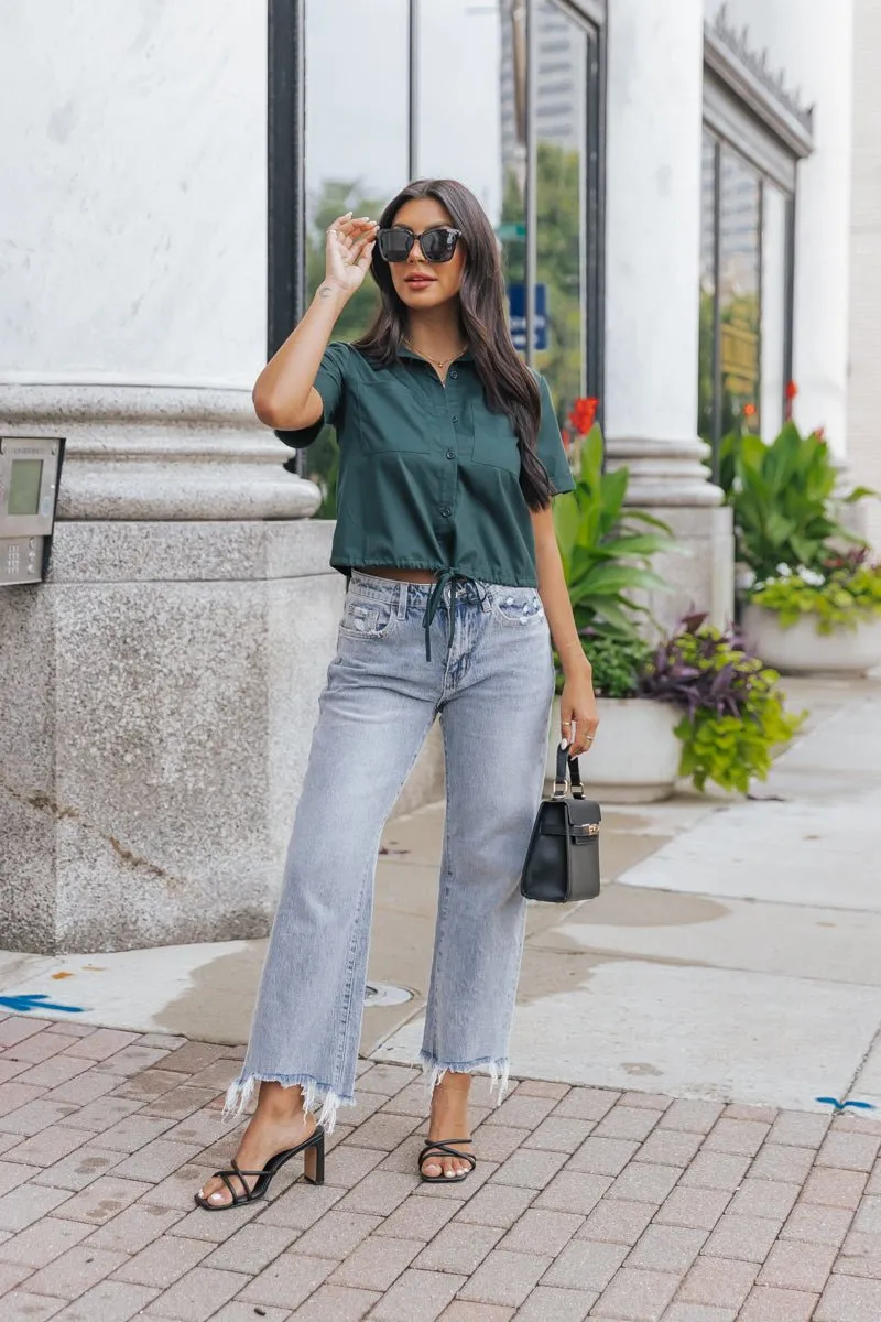 Forest Green Short Sleeve Button Down Top