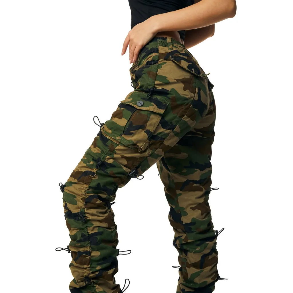 High Rise Multi Bungee Stacked Twill Pants - Wood Camo