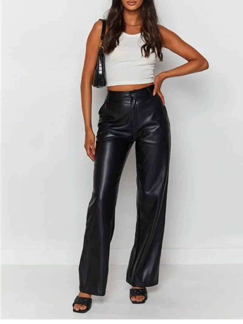 High Waisted Wide Leg Faux Pleather Patent Leather Pants For Wardrobe Essential