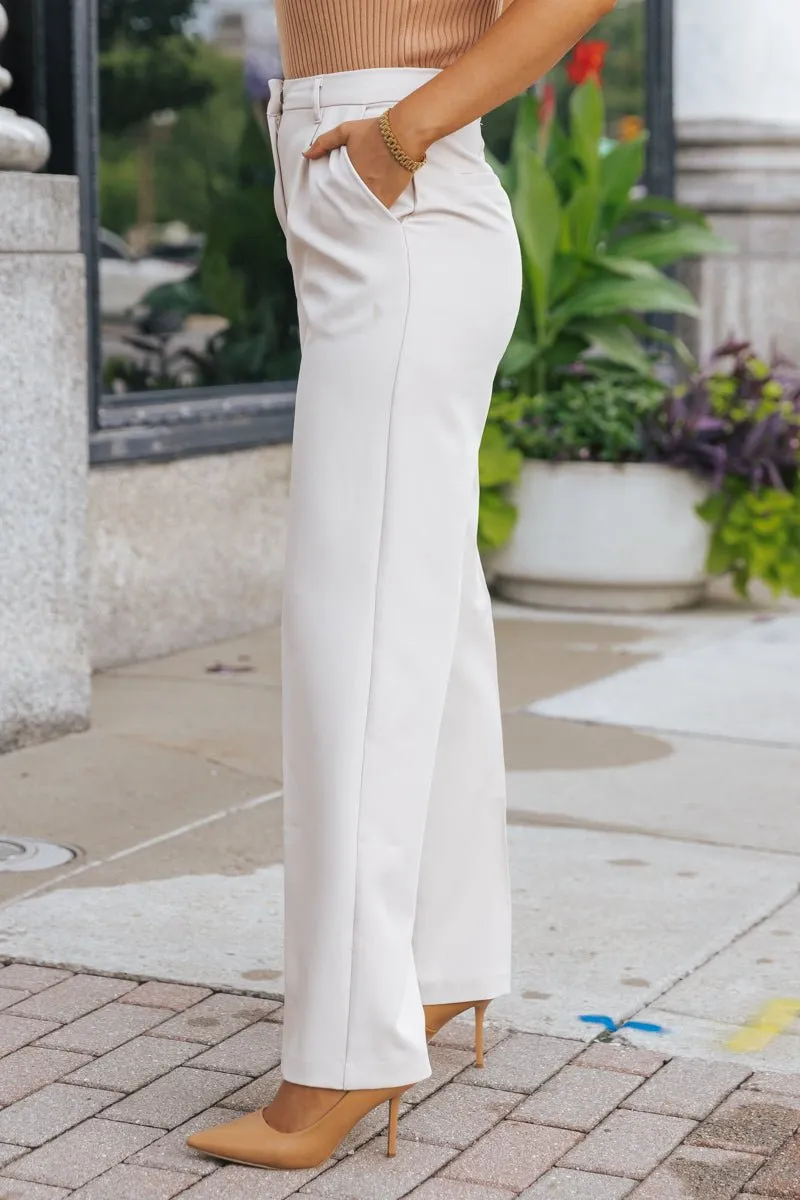 High Waisted Wide Leg Pleated Pants - Oatmeal - FINAL SALE