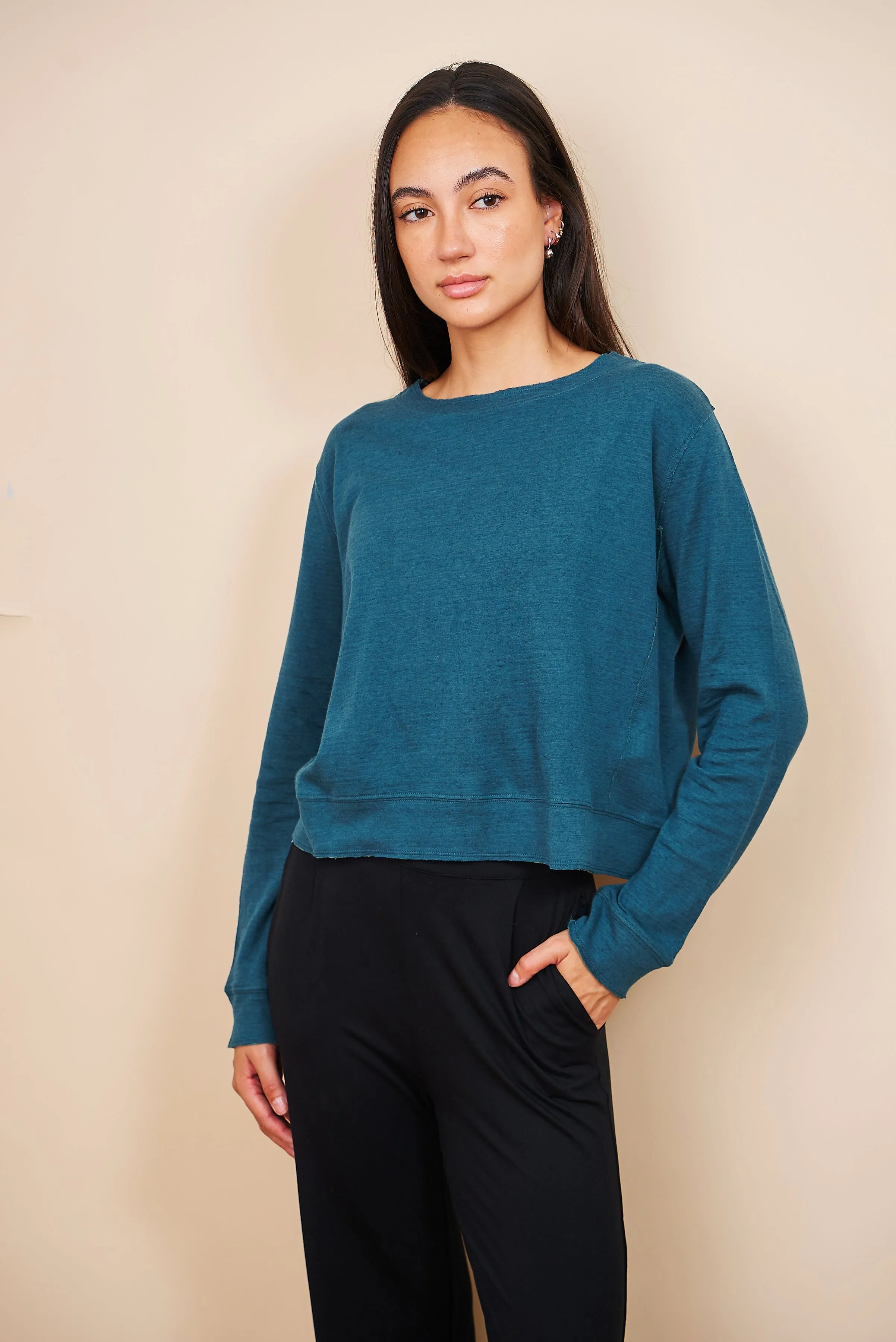 Majestic Cotton/Cashmere Double Face Crewneck in Haute Mer