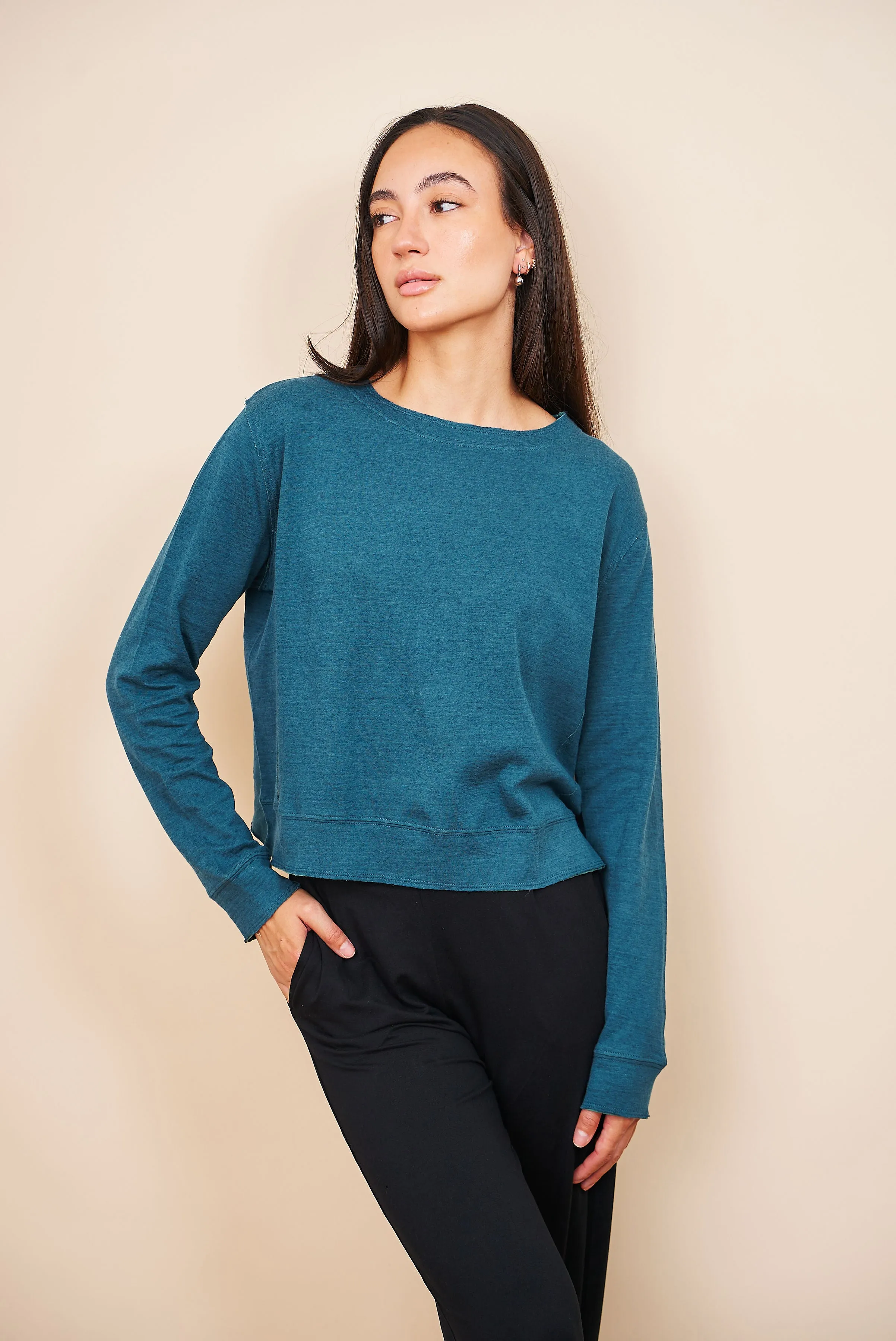 Majestic Cotton/Cashmere Double Face Crewneck in Haute Mer