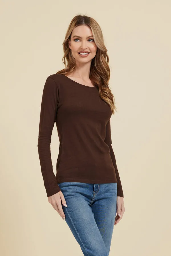 Majestic Cotton/Cashmere Long Sleeve Crewneck in Coffee