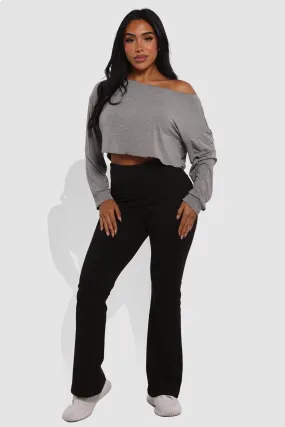 Pillowy Soft Fold Over High Waist Flare Pants - Black