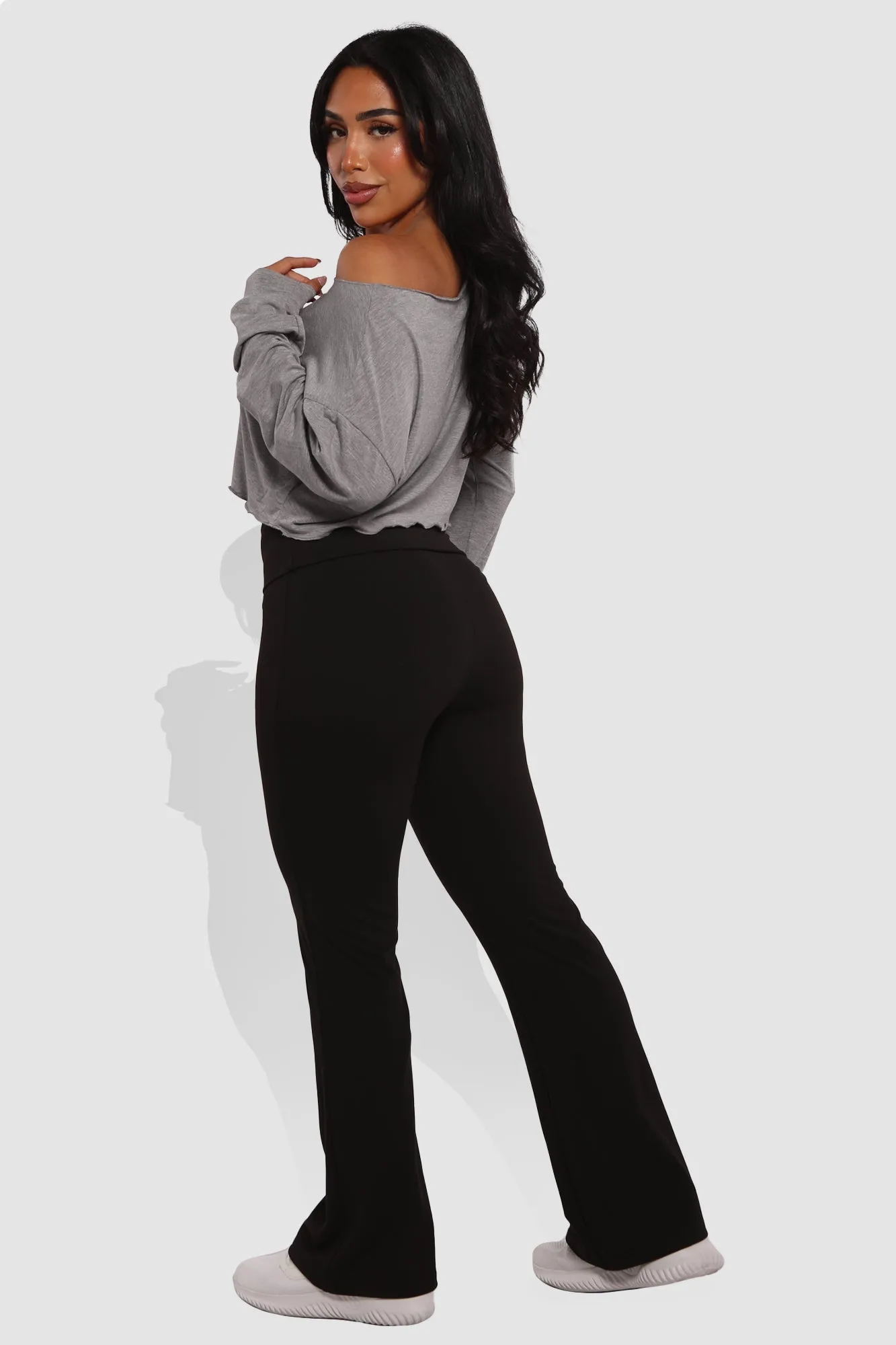 Pillowy Soft Fold Over High Waist Flare Pants - Black