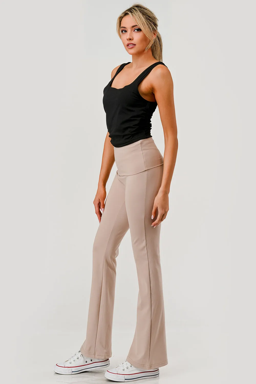 Pillowy Soft Fold Over High Waist Flare Pants - Latte