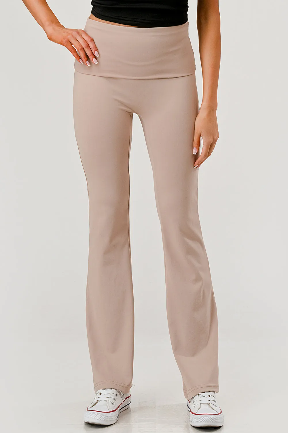 Pillowy Soft Fold Over High Waist Flare Pants - Latte