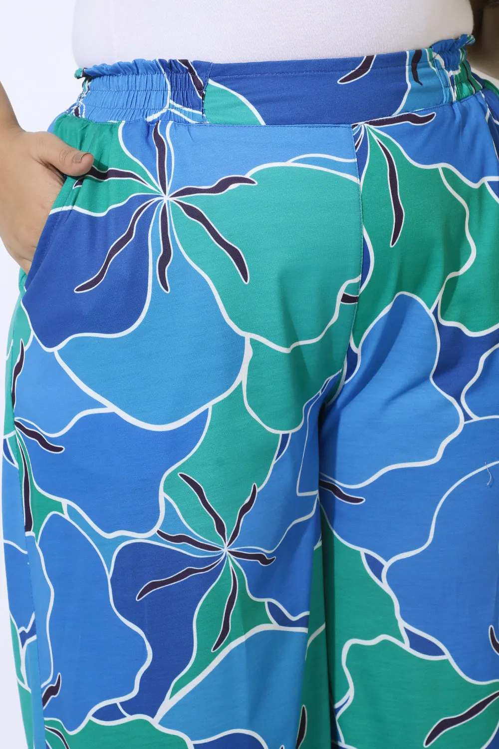 Plus Size Blue Green Abstract Print High Waits Pants