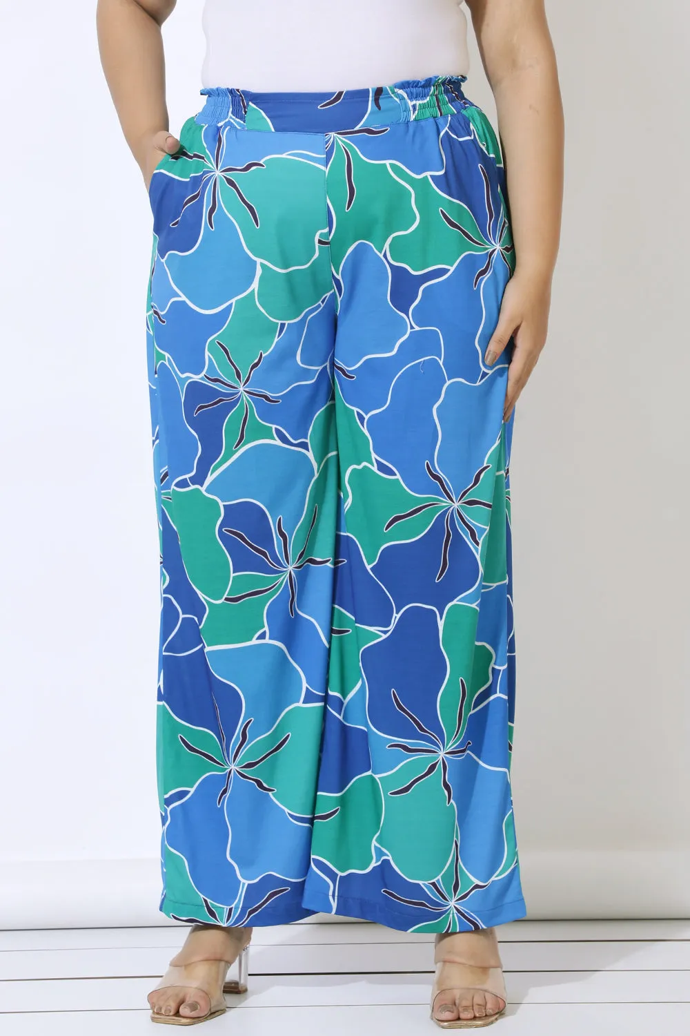 Plus Size Blue Green Abstract Print High Waits Pants