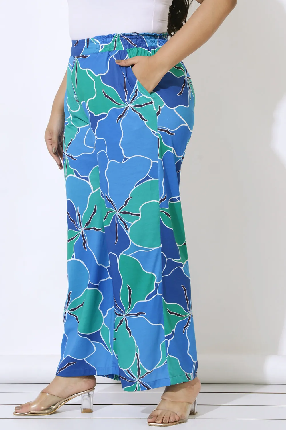 Plus Size Blue Green Abstract Print High Waits Pants