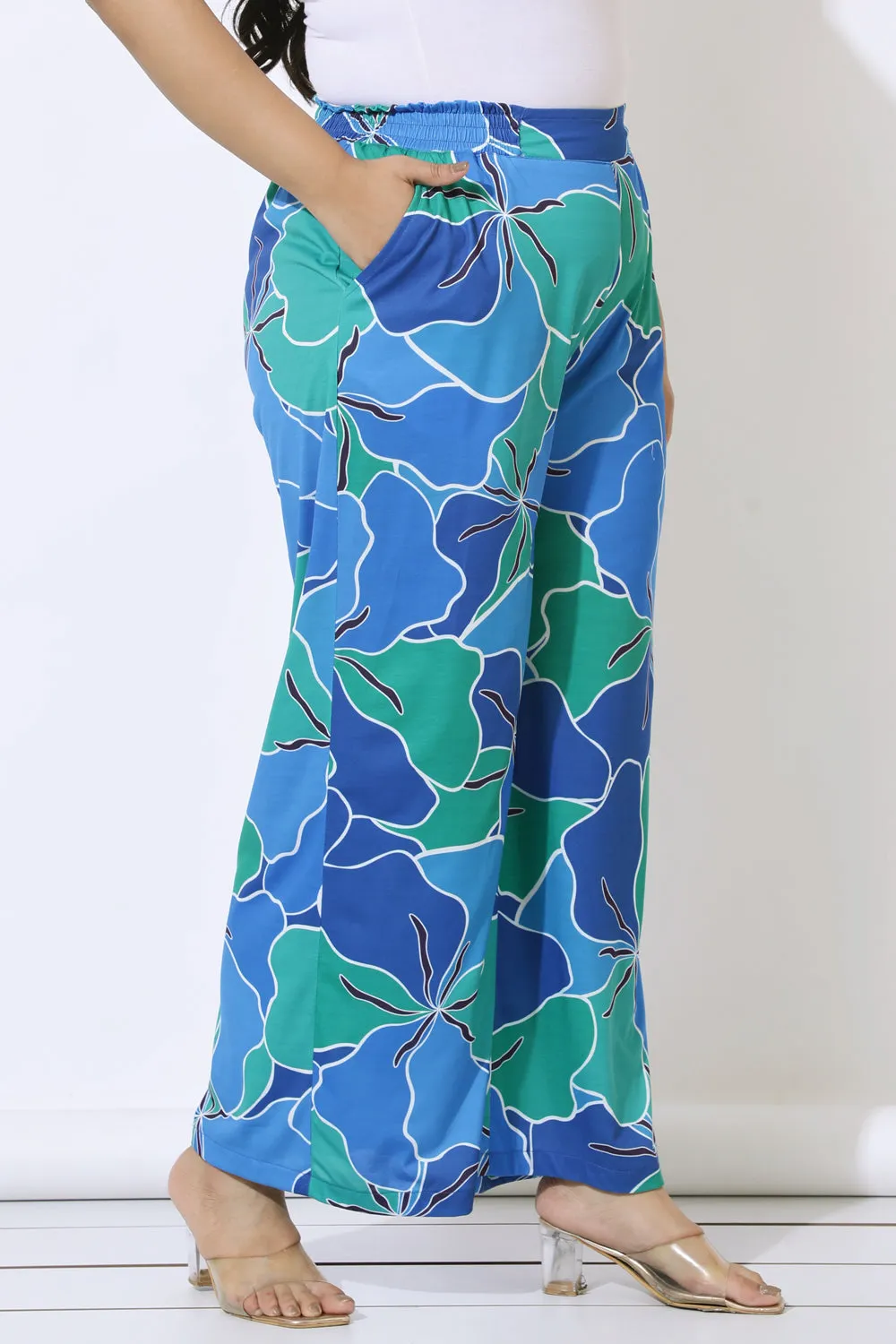 Plus Size Blue Green Abstract Print High Waits Pants