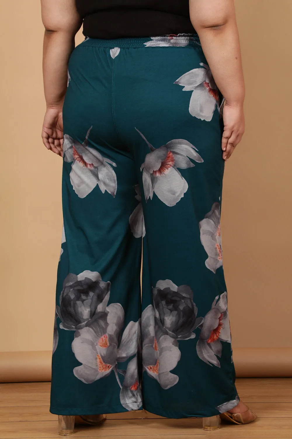 Plus Size Dark Green Floral Printed High Waist Pants