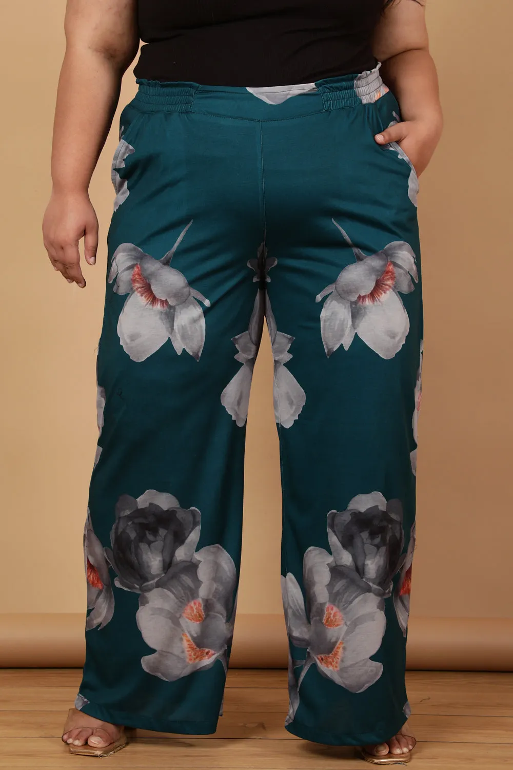 Plus Size Dark Green Floral Printed High Waist Pants