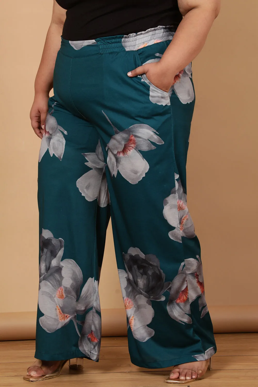 Plus Size Dark Green Floral Printed High Waist Pants