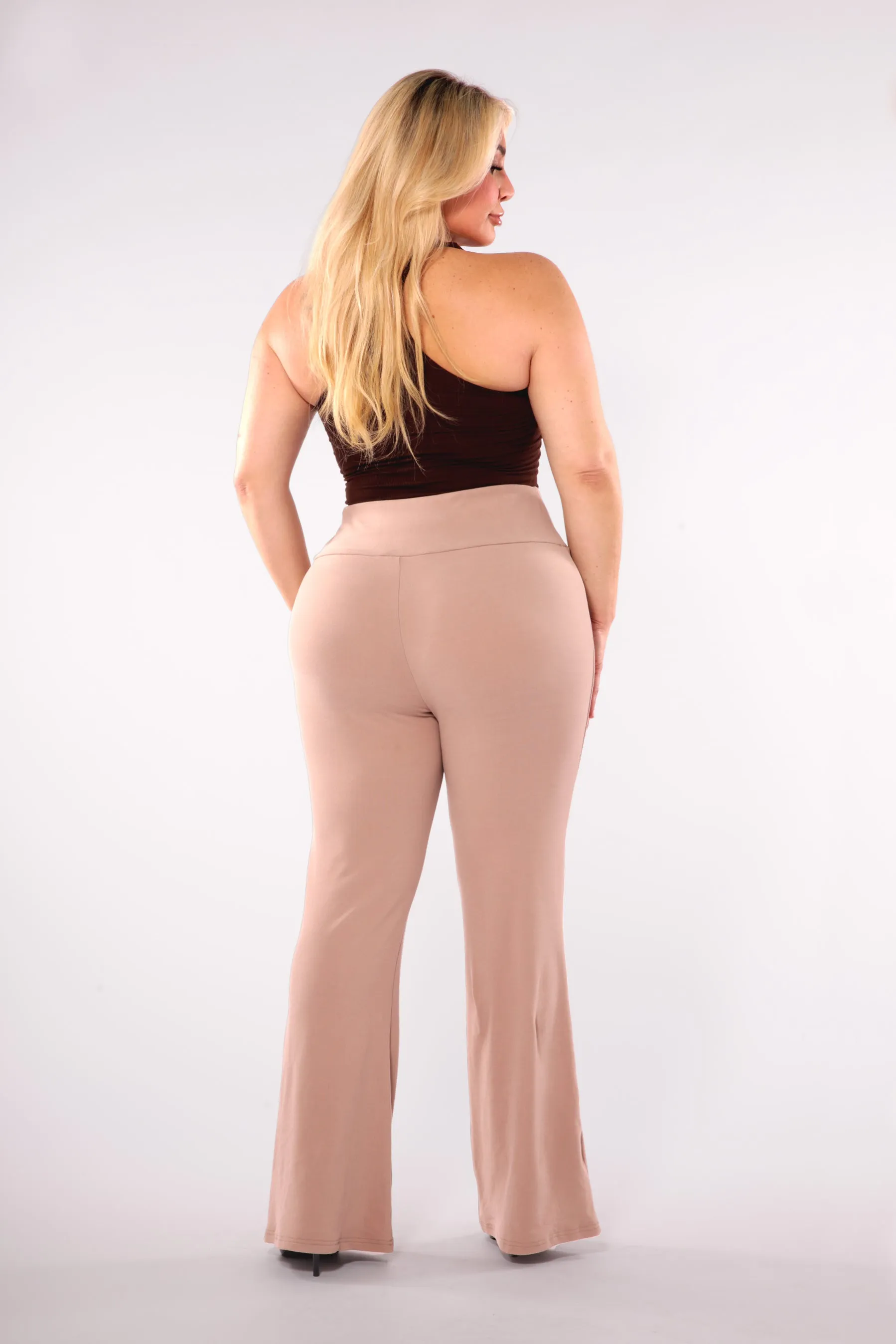 Plus Size High Waist Soft Brushed Flare Pants - Latte